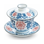 Blauw-witte porseleinen gaiwan met retrodecor