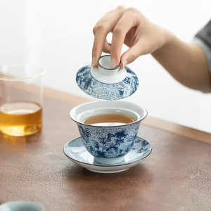 Blauw-witte porseleinen gaiwan met retrodecor