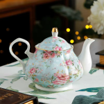 Bloementheepot van keramiek 900 ml — Roze bloemen, blauwe achtergrond