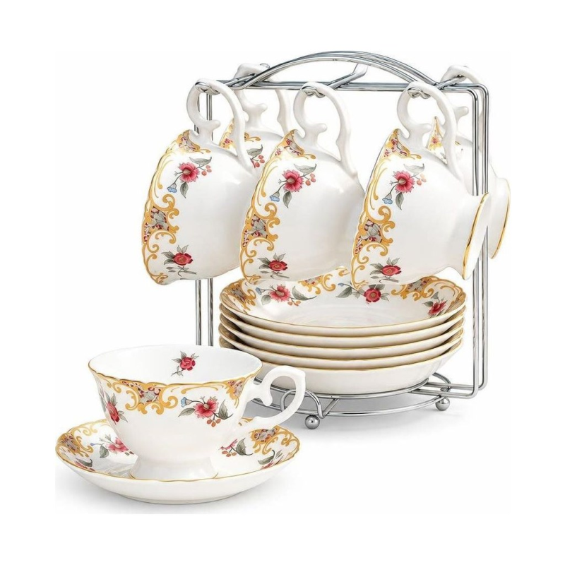 Bloemig theeservies set van beenderporselein — Wit met kleurrijke bloemen