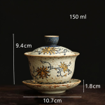 Bloemige gaiwan van keramiek met bloemenmotief — Rond, geeloranje bloemen