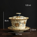 Bloemige gaiwan van keramiek met bloemenmotief — Wijd uitlopend, geeloranje bloemen