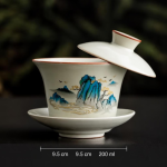 Chinese gaiwan van handbeschilderd Dehua-porselein — Blauw-turquoise landschap