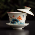 Chinese gaiwan van handbeschilderd Dehua-porselein — Donkerblauwe en oranjerode bloemen