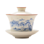 Chinese gaiwan van handbeschilderd Dehua-porselein — Monochroom blauw landschap