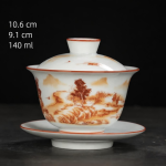 Chinese gaiwan van handbeschilderd Dehua-porselein — Sepialandschap