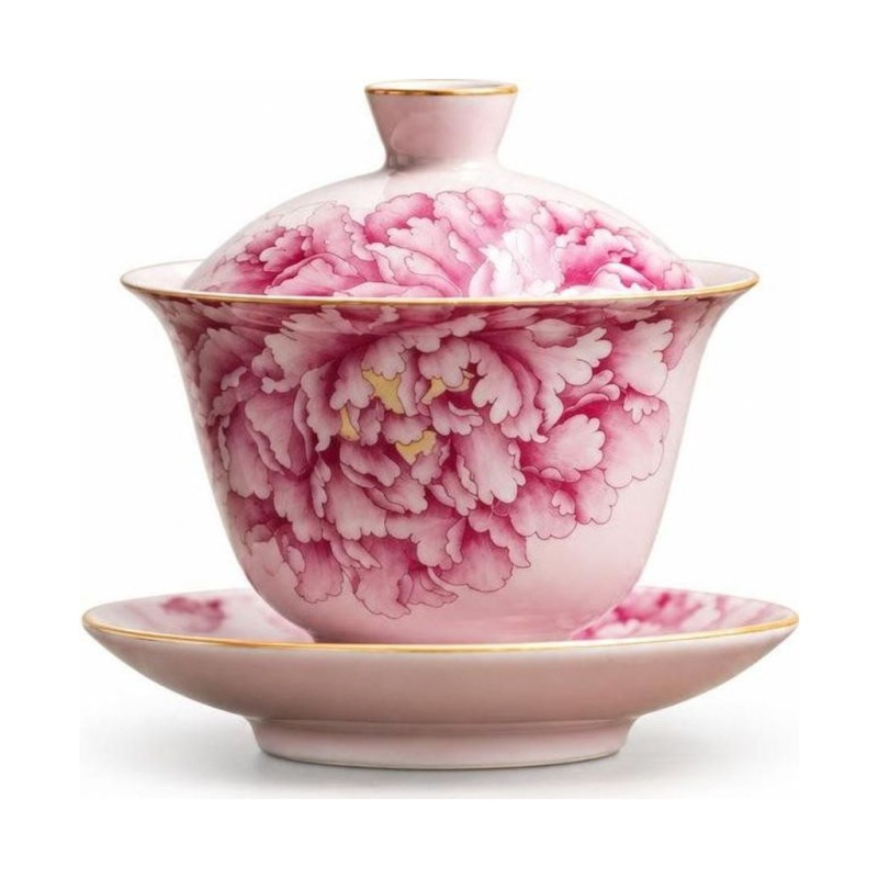 Chinese gaiwan van keramiek met pioenrozen
