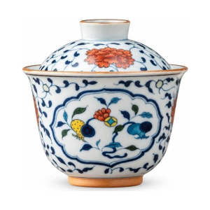 Chinese gaiwan van porselein met bloem of fruitmotief