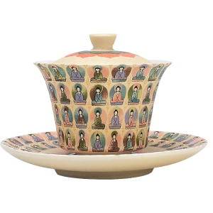Chinese gaiwan van porselein met Dunhuangdecor