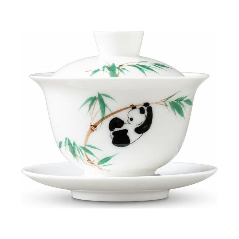 Chinese gaiwan van porselein met handgeschilderde pandabeer