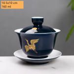 Chinese porseleinen gaiwan met schoteltje — Donkerblauw, kraanvogel naar links