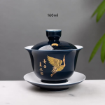 Chinese porseleinen gaiwan met schoteltje — Donkerblauw, kraanvogel naar rechts