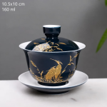 Chinese porseleinen gaiwan met schoteltje — Nachtblauw schoteltje, vogel tussen het gras