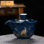 Chinese porseleinen gaiwan met schoteltje — Nachtblauwe schenktuit, vogel tussen het gras