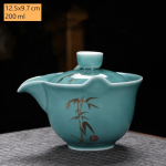 Chinese porseleinen gaiwan met schoteltje — Turquoise schenktuit, bamboe