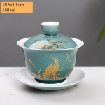 Chinese porseleinen gaiwan met schoteltje — Turquoise schoteltje, vogel tussen het gras