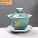 Chinese porseleinen gaiwan met schoteltje — Watergroen, kraanvogel naar links