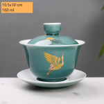 Chinese porseleinen gaiwan met schoteltje — Watergroen, kraanvogel naar rechts