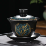 Gaiwan en porselein met gouden decor, 180 ml — Verticale bloemen