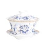 Gaiwan met handbeschilderd Chinees motief — Blauwgrijze bloemen met beige-gouden details
