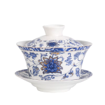Gaiwan met handbeschilderd Chinees motief — Donkerblauwe en gouden arabesken