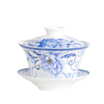 Gaiwan met handbeschilderd Chinees motief — Grote blauwe bloemen