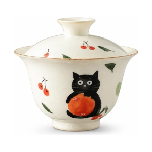 Gaiwan met kat en kersen van keramiek