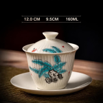 Gaiwan porselein met botanisch decor — Turquoise bladeren met stippen