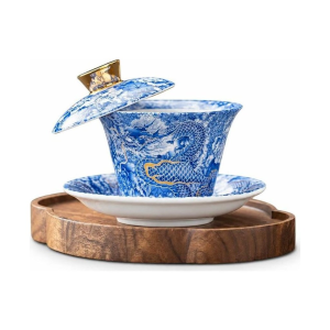 Gaiwan porselein met schotel en gouden draak
