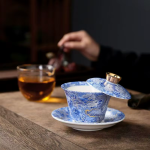 Gaiwan porselein met schotel en gouden draak