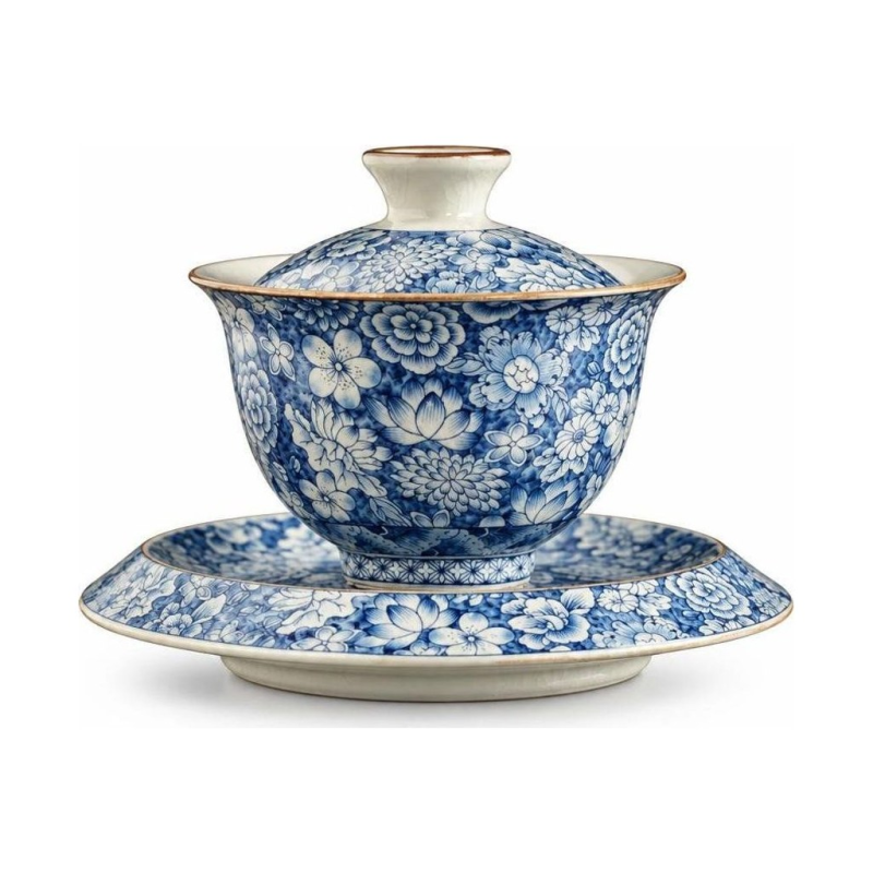 Gaiwan van blauw-wit porselein met bloemendecor