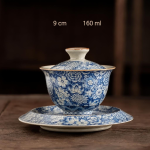 Gaiwan van blauw-wit porselein met bloemendecor — Ronde kom met uitlopende schotel