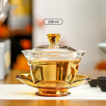 Gaiwan van borosilicaatglas met lotusmotief — Ambergeel