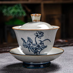 Gaiwan van porselein met blauw decor uit Dehua — Bloemen en bladeren