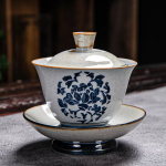 Gaiwan van porselein met blauw decor uit Dehua — Bloemenboeket