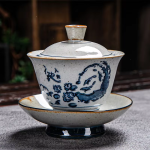 Gaiwan van porselein met blauw decor uit Dehua — Vissen en bloemen