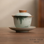 Gaiwan van porselein met craquelépatroon — Grijsgroen bladwerk
