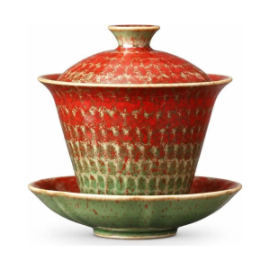 Gaiwan van rood porselein met gespikkeld glazuur