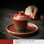 Gaiwan van rood porselein met gespikkeld glazuur — Breed schoteltje