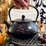 Gietijzeren theepot met vier kopjes en zeef
