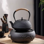 Gietijzeren theepot, theekopje of onderzetter
