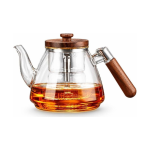 Glazen theepot met filter en houten handgreep