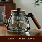 Glazen theepot met filter en houten handgreep — Laag model, donkere knop