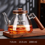 Glazen theepot met filter en houten handgreep — Laag model, houten knop