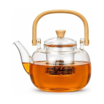 Glazen theepot met filter en houten handvat