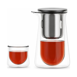 Glazen theepot met kopjes van borosilicaatglas