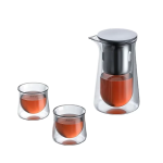 Glazen theepot met kopjes van borosilicaatglas