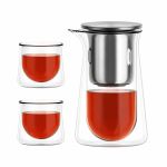 Glazen theepot met kopjes van borosilicaatglas — Theepot en 2 kopjes