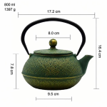 Japanse gietijzeren theepot met theezeef — Donkergroen met gouden bogen, 800 ml