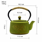 Japanse gietijzeren theepot met theezeef — Geruit olijfgroen met bloemen, 850 ml